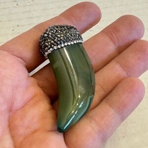 Stunning Handmade Large Heavy Blinged Claw Green Glass Horn Fang Pendant 2.25" L